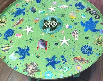 18" Sea Green Turtles Starfish Metal Resin End Table