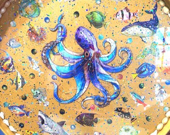 18-inch bijzettafeltje octopus/schelpen goudkleurig metaalhars