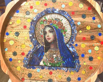 18" religieus geïnspireerde decoratieve houten Mary-resin tray