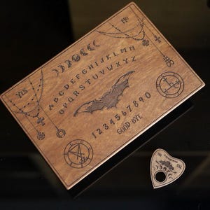 Halloween Ouija Board-Engraved Wooden Spirit Talking Board with Planchette-Spooky Witchcraft Decor-Wiccan Occult Game-Handmade Witchy Gift
