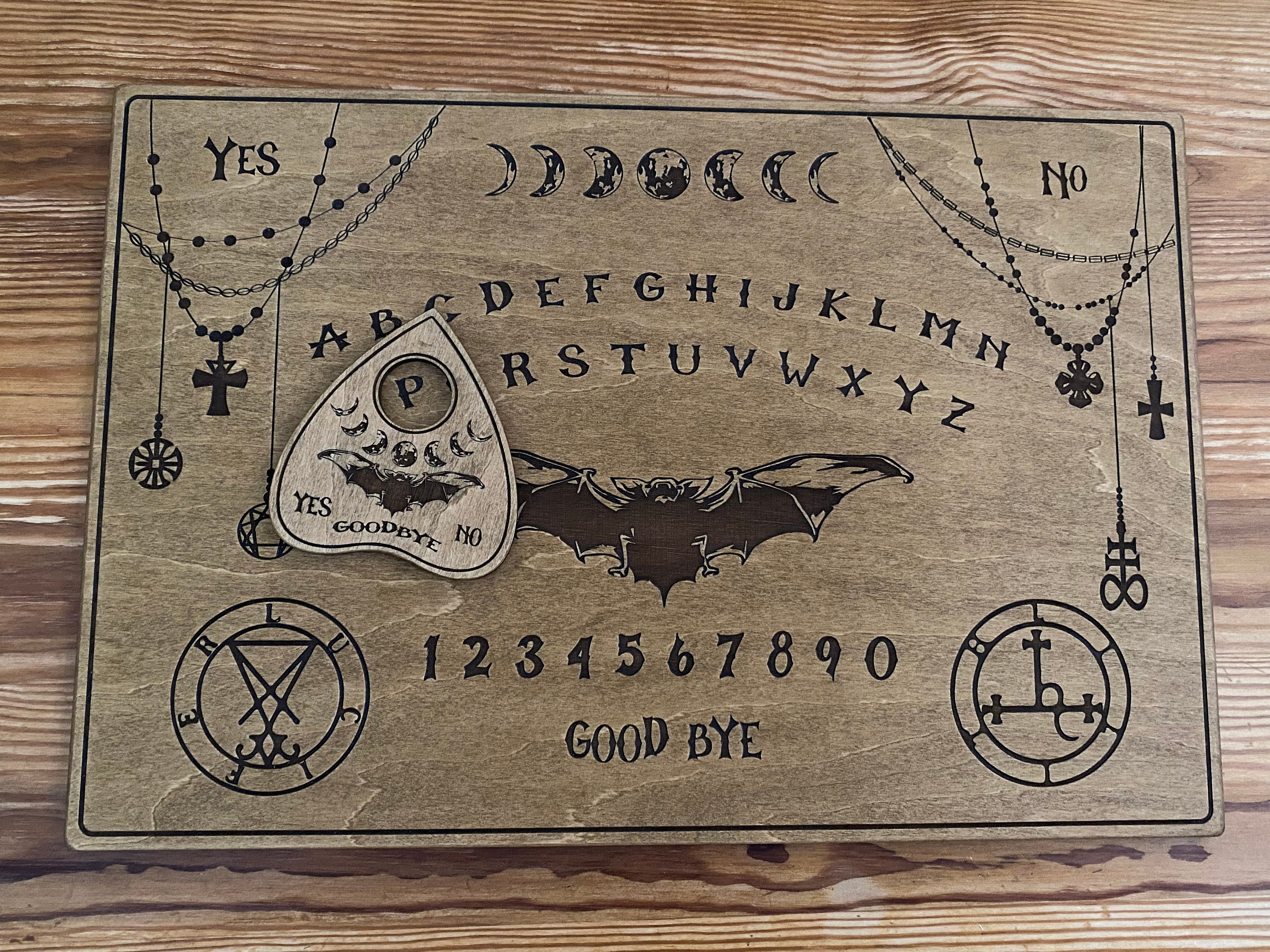 Ouija Board with Planchette-Talking Board-Board Games-Witchcraft Decor-Wiccan Gifts-Occult Game Board-Wooden Spirit Board-Engraved Board