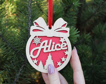 Christmas Ball Ornament Personalized-Wooden Ornament with Name-First Christmas Baby Name Bauble-Family Christmas Bauble-Wooden Tree Baubles