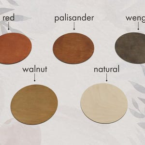 Op de afbeelding: Een verzameling van vijf houten onderzetters in verschillende kleuren: rood, palissander, wenge, walnoot en naturel. Elke onderzetter is rond met een glad oppervlak. De namen van de kleuren staan boven elke onderzetter.