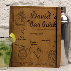 Custom Cocktail Recipe Book-Wooden Bar Book-Hardcover Recipe Book Binder-Bartender Gift-Blank Recipe Book-Cocktail Kit-Personalized Notebook