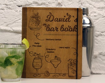 Custom Cocktail Recipe Book-Wooden Bar Book-Hardcover Recipe Book Binder-Bartender Gift-Blank Recipe Book-Cocktail Kit-Personalized Notebook