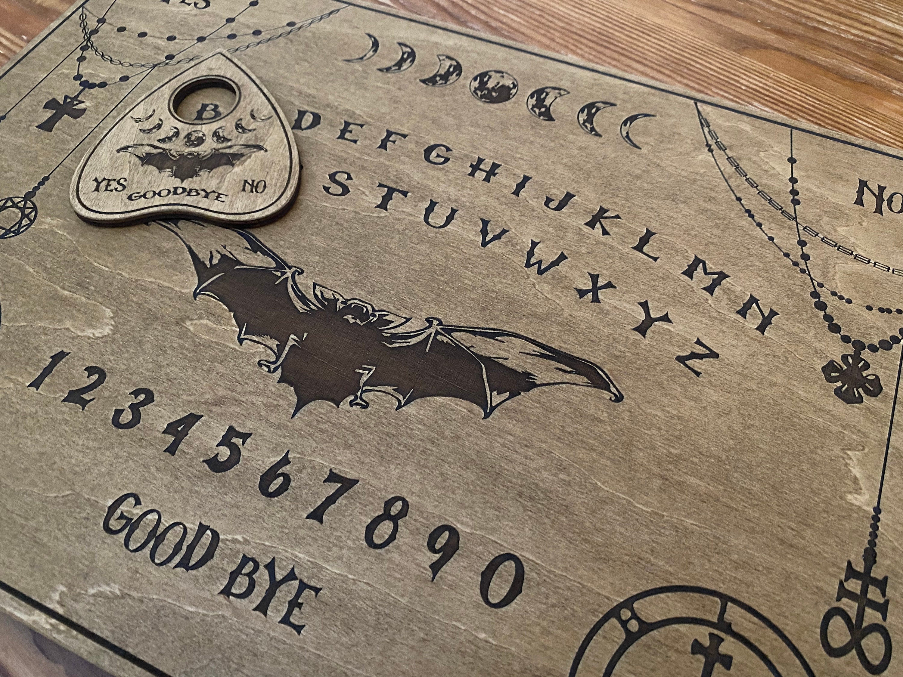 Ouija Board with Planchette-Talking Board-Board Games-Witchcraft Decor-Wiccan Gifts-Occult Game Board-Wooden Spirit Board-Engraved Board
