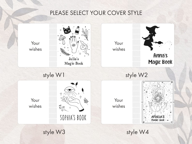 May include: Four different cover styles for a magic book. Each cover features a different design and the text "Your wishes" and the name of the book. The styles are: W1, W2, W3, and W4.