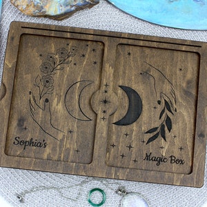 Hölzerne Tarot-Deck-Box-Personalisierte Doppel-Tarot-Karten-Box-Große Tarot-Karten-Box-gravierte magische Box-Wicca Geschenke-Andenken-Magie-Holz-Box