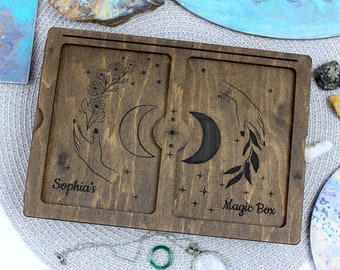 Wooden Tarot Deck Box-Personalized Double Tarot Card Box-Large Tarot Card Box-Engraved Magic Box-Wiccan Gifts-Keepsake Magic Wooden Box