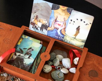 Double Tarot Card Box–Wooden Storage Box with 2 Compartments–Oracle Deck Organizer–Witchcraft Ritual Chest–Wiccan Gift–Mystic Keepsake Box