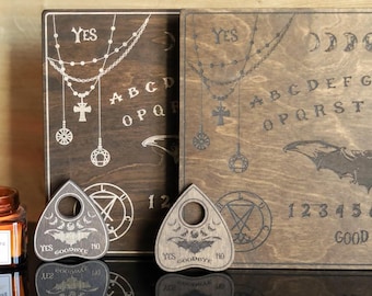 Rustic Wooden Spirit Board with Planchette-Engraved Ouija Board-Mystical Talking Board for Spiritual Rituals & Home Decor-Handmade Board