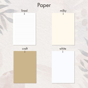 May include: Four different types of paper: lined, milky white, craft, and white. The paper is arranged in a grid pattern.