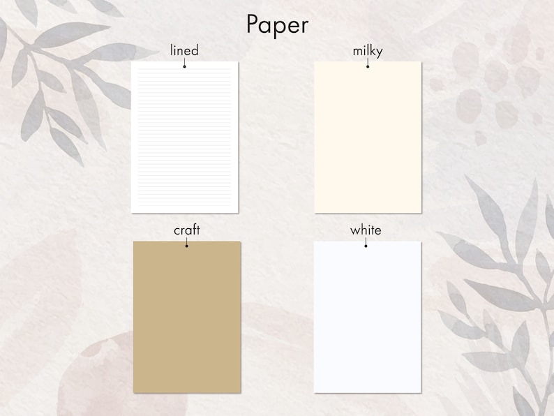 May include: Four different types of paper: lined, milky white, craft, and white. The paper is arranged in a grid pattern.