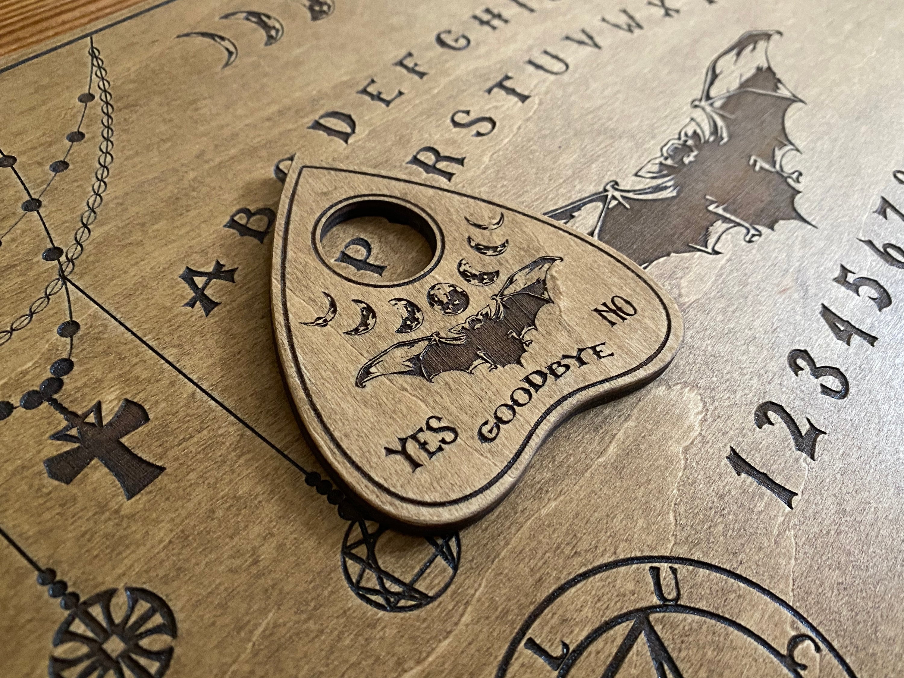 Ouija Board with Planchette-Talking Board-Board Games-Witchcraft Decor-Wiccan Gifts-Occult Game Board-Wooden Spirit Board-Engraved Board