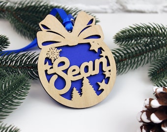 Personalized Christmas Favors for Guests in Bulk-Custom Wooden Christmas Ornament with Name-Family Name Christmas Bauble-Wooden Tree Baubles