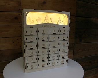 Personalized Christmas Advent Calendar for kids-Advent Calendar with lights-Christmas Countdown Calendar-Wooden Advent Calendar with drawers