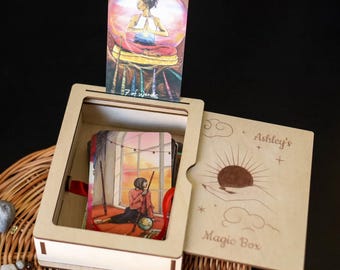 Wood Tarot Box with Lid–Single Deck Storage for Tarot or Oracle Cards–Engraved Mystical Design–Wooden Tarot Card Holder–Occult Keepsake Box