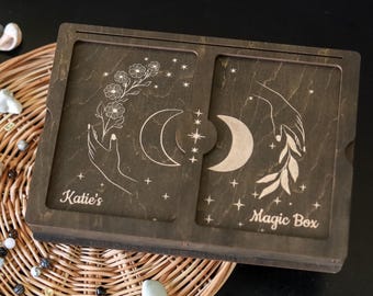 Engraved Tarot Card Box with 2 Compartments Personalized –Wooden Oracle Deck Storage–Mystical Moon Box–Witchcraft Gift–Custom Wood Magic Box