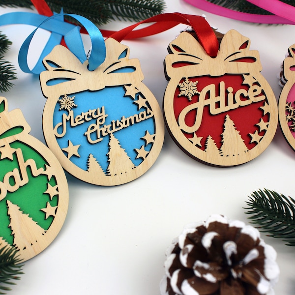 Christmas Ornament with Name-Personalized Wooden Ornaments-Unique Christmas Gift-Family Name Christmas Bauble-Babys First Christmas Ornament