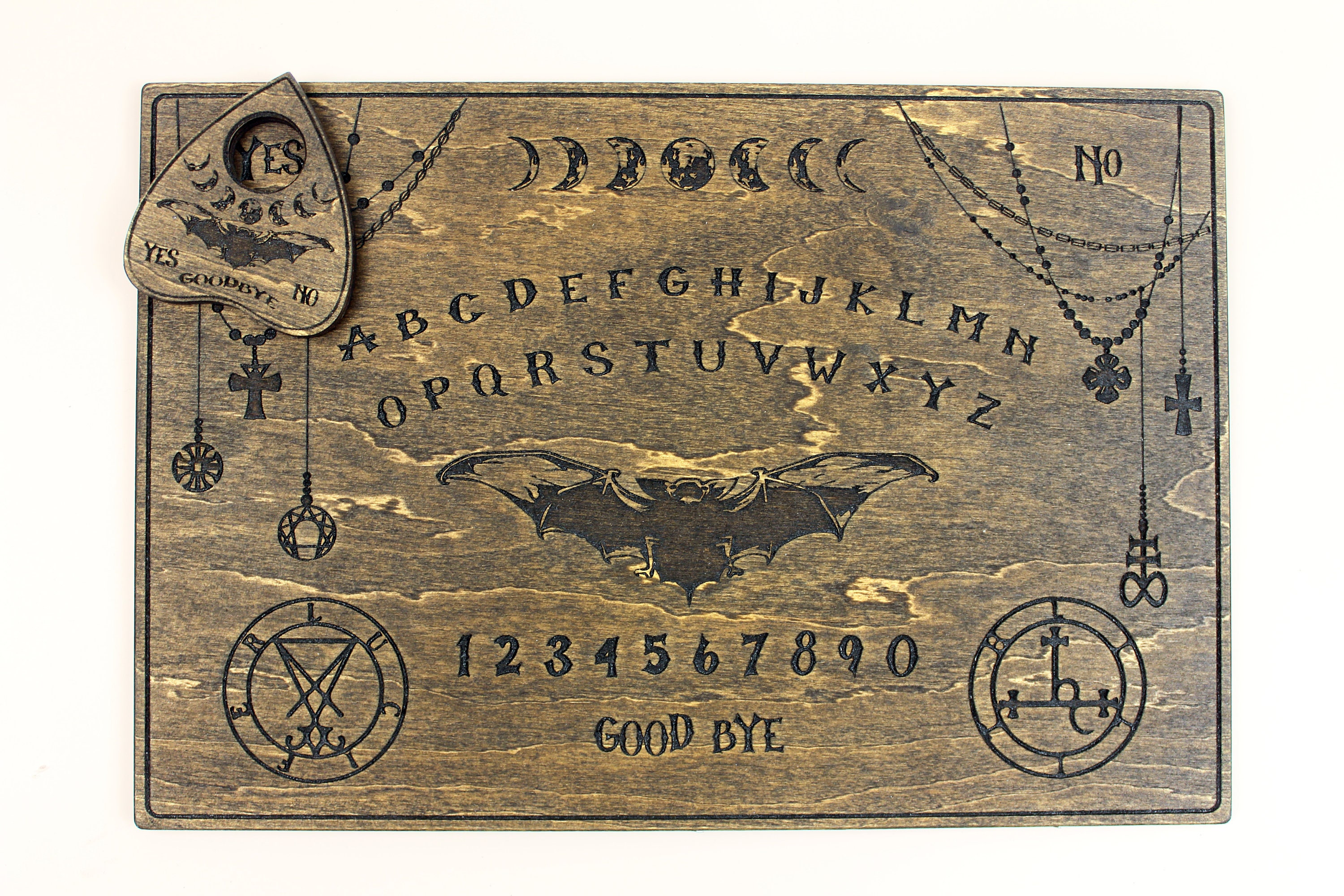 Ouija Board with Planchette-Talking Board-Board Games-Witchcraft Decor-Wiccan Gifts-Occult Game Board-Wooden Spirit Board-Engraved Board