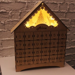 Personalized Advent Calendar with lights-Christmas Advent Calendar for kids-Christmas Countdown Calendar-Wooden Advent Calendar with drawers