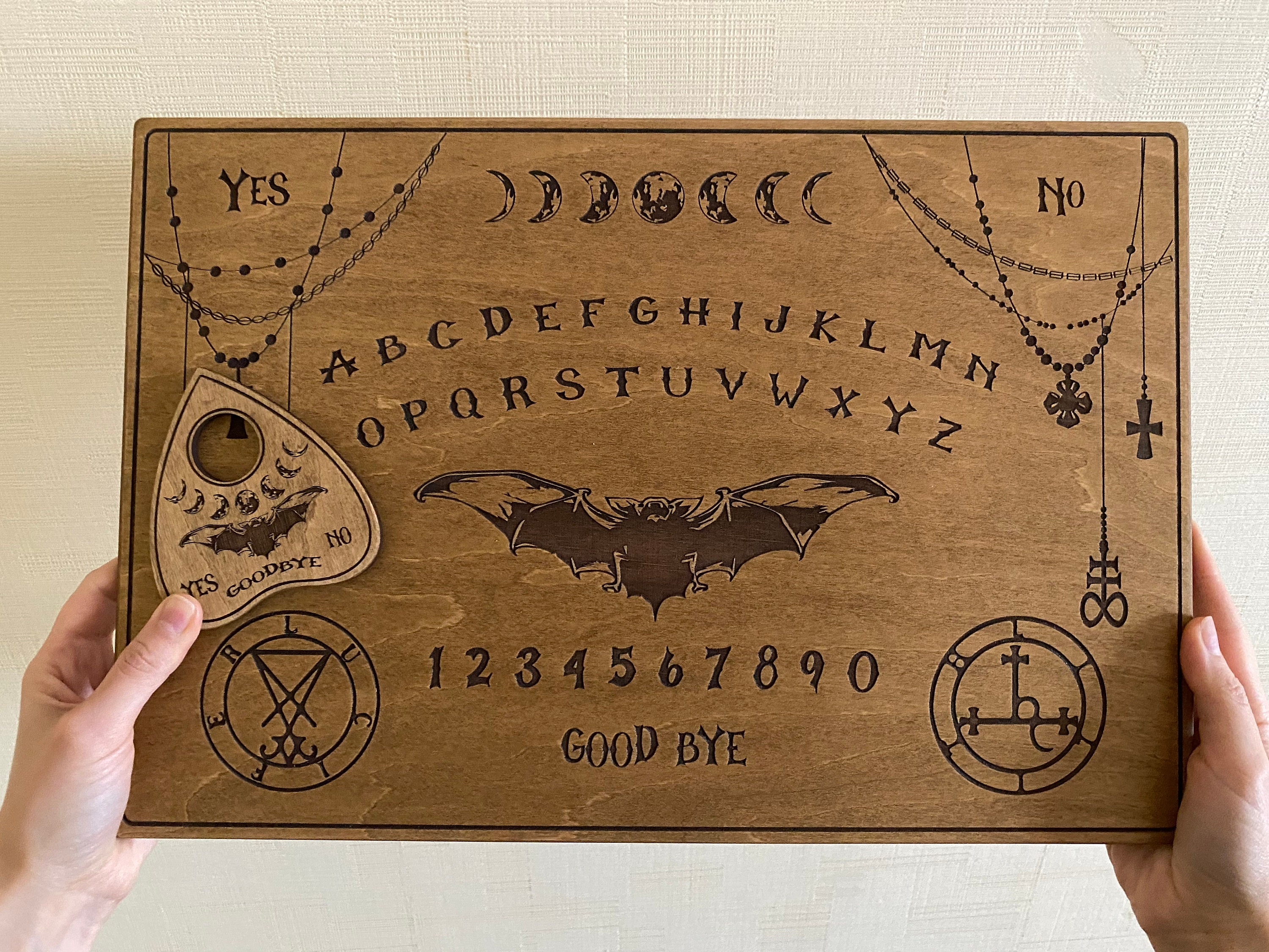Ouija Board with Planchette-Talking Board-Board Games-Witchcraft Decor-Wiccan Gifts-Occult Game Board-Wooden Spirit Board-Engraved Board