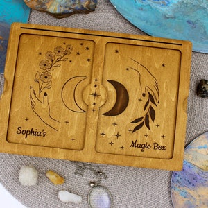 Personalisierte Doppel-Tarot-Karten-Box-Holz-Tarot-Deck-Box-Große Tarot-Karten-Box-gravierte magische Box-Wicca Geschenke-Andenken magische Holzbox