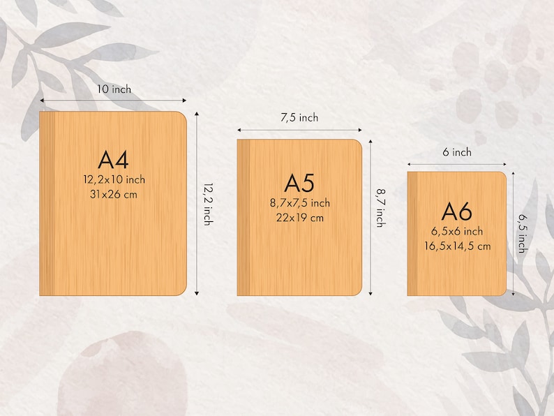 May include: Three wooden blocks with the labels A4, A5, and A6. The blocks are labeled with their dimensions in inches and centimeters. A4 is 12.2 x 10 inches (31 x 26 cm), A5 is 8.7 x 7.5 inches (22 x 19 cm), and A6 is 6.5 x 6 inches (16.5 x 14.5 cm).