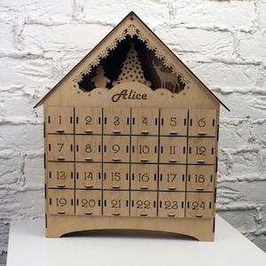 Personalized Advent Calendar with lights-Christmas Advent Calendar for kids-Christmas Countdown Calendar-Wooden Advent Calendar with drawers