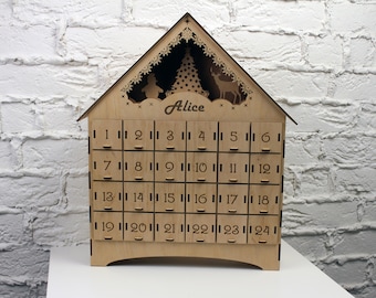 Personalized Advent Calendar with lights-Christmas Advent Calendar for kids-Christmas Countdown Calendar-Wooden Advent Calendar with drawers