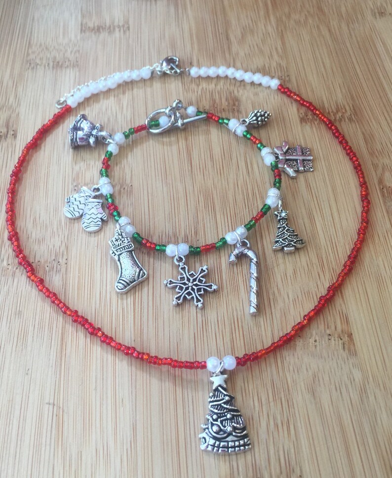 Bracelet /& Necklace Silver Charms Beaded Necklaces Holiday Necklace Bracelet Necklace Set Beaded Necklace Christmas Necklace