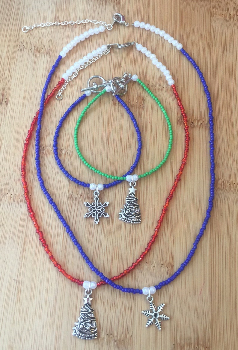 Bracelet /& Necklace Silver Charms Beaded Necklaces Holiday Necklace Bracelet Necklace Set Beaded Necklace Christmas Necklace
