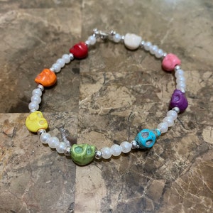 Beaded Bracelets - Halloween Beaded Bracelet - Holiday Beaded Bracelet - Colored Stone - Skull Bracelet - Gifts - Skulls - Bones - Rainbow