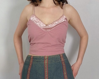 Vintage Pink Velvet Trimmed Tank Top Y2K Mexx