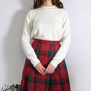 Vintage Creme Weiß Floral Mockneck Pullover 1990er Jahre Tradition Petite