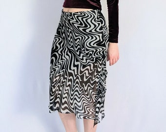 Vintage Black and White Abstract Swirl Midi Skirt Y2K/90s Ribkoff
