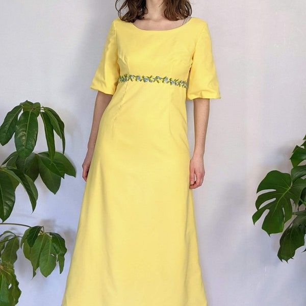 Vintage 1960s Yellow Maxi Dress Floral Empire Waist