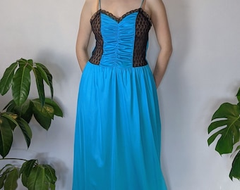 Vintage Turquoise Satin and Black Lace Ruched Panelled Slip Dress 1980s Undercover Wear