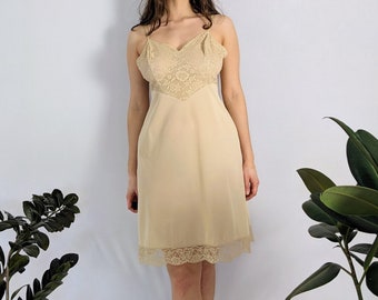 Vintage Beige Lace & Chiffon Slip Dress 1970s Vanity Fair