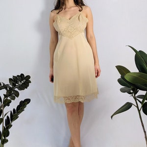 Vintage Beige Lace & Chiffon Slip Dress 1970s Vanity Fair image 1