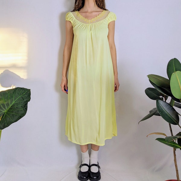 Vintage Yellow Chiffon & Lace Nightgown 1970s Pink Lady