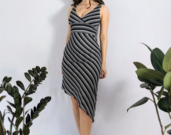 Vintage Asymmetrical Striped Midi Dress 1990s Le Chateau