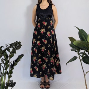 Vintage Floral Chiffon & Velvet Empire Maxi Dress 1990s Vitoria Virini image 1