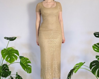 Vintage Gold Crochet Maxi Dress 1990s JS Collections