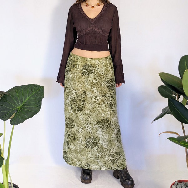 Vintage Green Floral Maxi Skirt 1990s