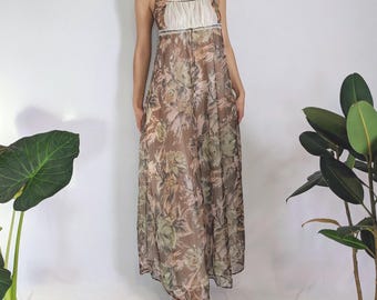 Vintage Floral Chiffon Empire Waist Negligee Nightgown 1970s Molyclaire