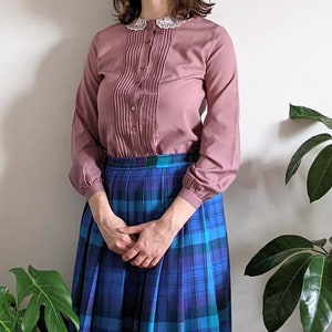 Vintage Dusty Rose Button Down Lace Peter Pan Collared Blouse 1960s Elite International