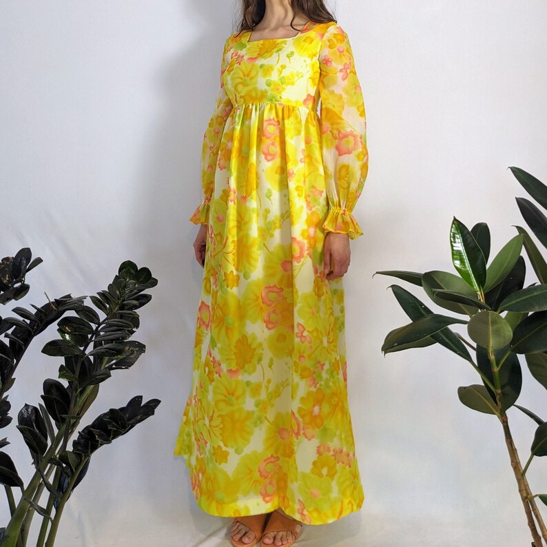 Vintage Floral Empire Maxi Dress 1960s image 2