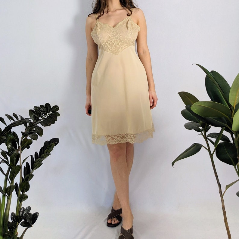 Vintage Beige Lace & Chiffon Slip Dress 1970s Vanity Fair image 1