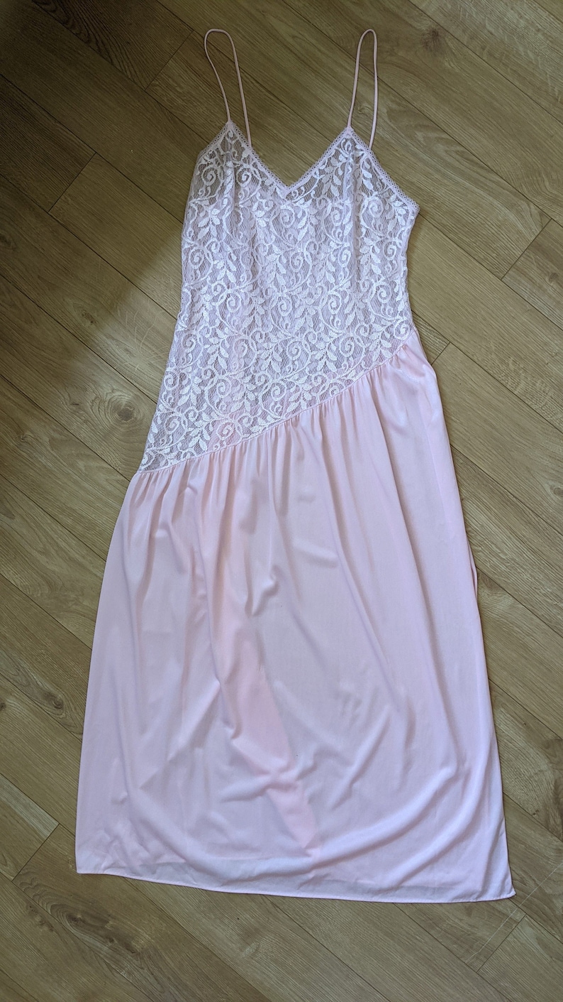 Vintage Pink Slip Dress Lace Diagonal Waist 1980s Undercover Wear image 4